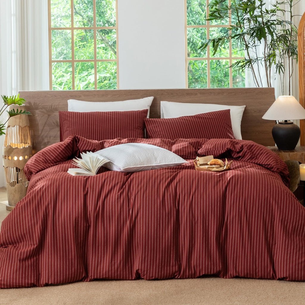 MooMee Striped Duvet Cover Set 100% Washed Cotton Linen Like Queen