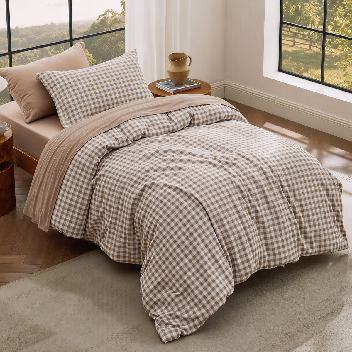 Bedsure Gingham Duvet Cover Set Cotton-Like Bedding Queen Size, Brown