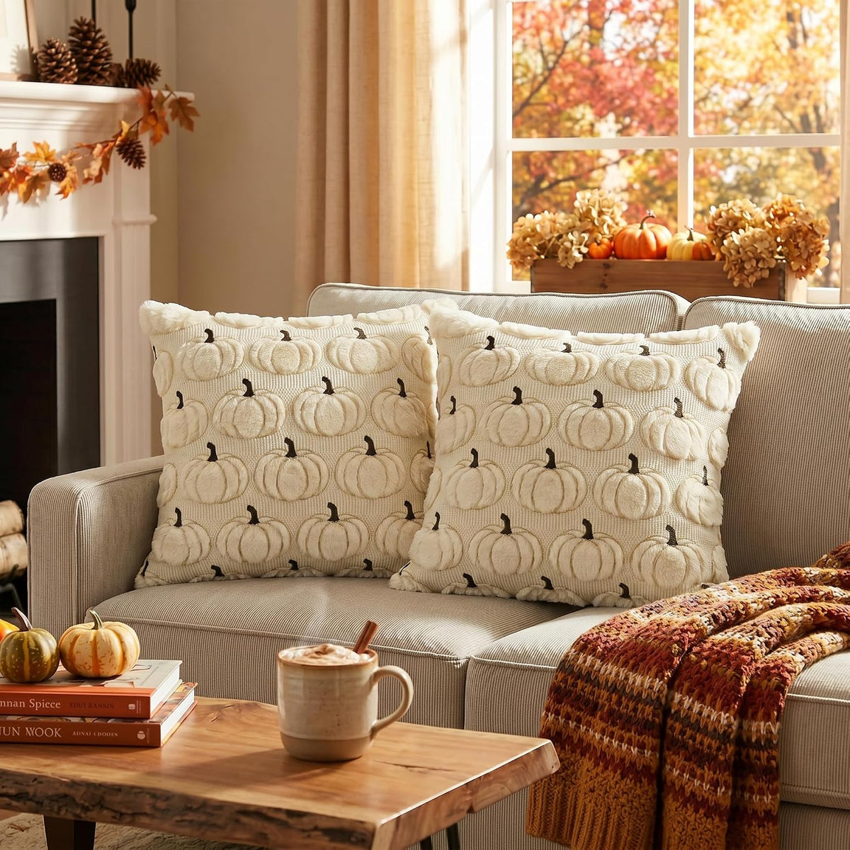 AVOIN colorlife Beige Fall Pumpkin Throw Pillow Covers 18x18 Inch