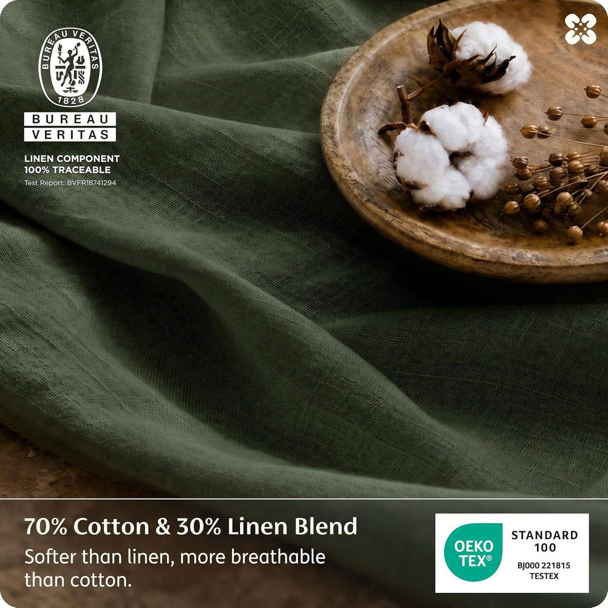 Bedsure PureWoven Linen Duvet Cover Queen, Linen Cotton Blend, Olive Green