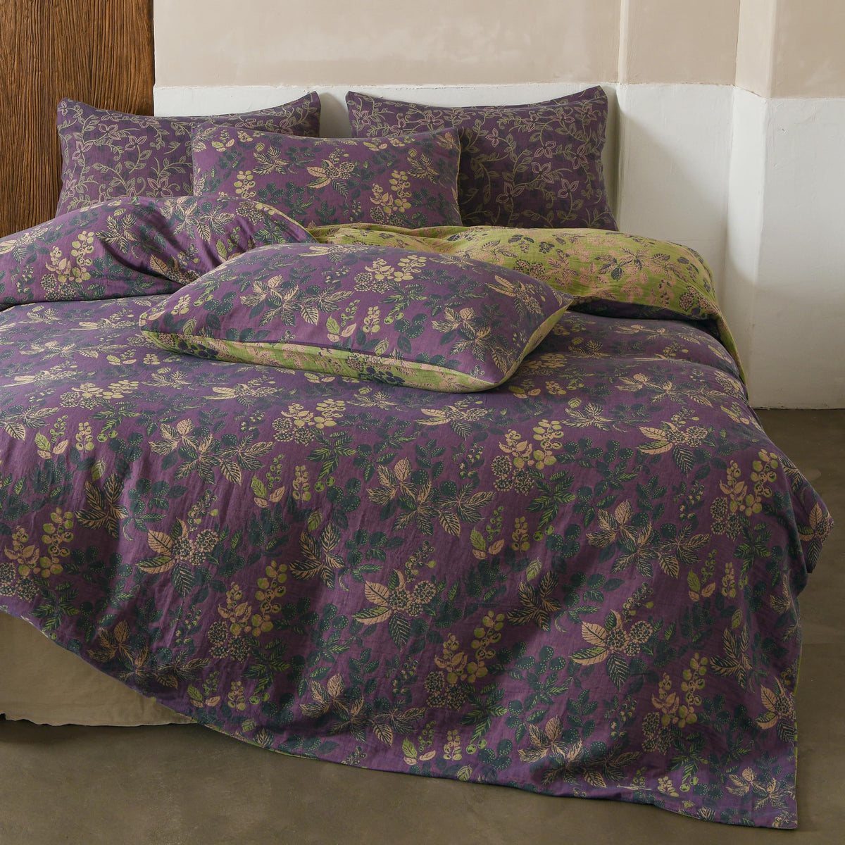 Simple&Opulence Muslin Duvet Cover Set Queen Size, 100% Washed Cotton 3 Pieces Yarn-Dyed Vintage Purple Floral Jacquard Textured Bedding, Soft & Breathable Gauze Comforter Cover with Zipper Closure