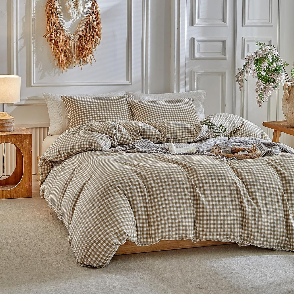 DuShow Grid King Duvet Cover Set - Tan Gingham Washed Microfiber Comforter Cover Set, 3 Pieces Plaid Checkered Soft Reversible Bedding Set(Tan,King)