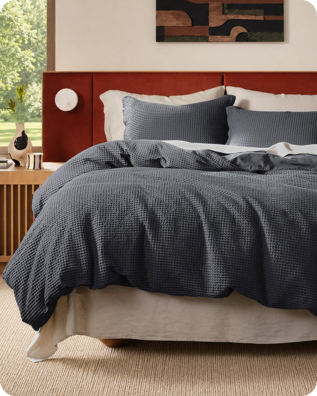 Bedsure PureWoven 3 Pieces 100% Cotton Waffle Duvet Cover Set, King, Linen