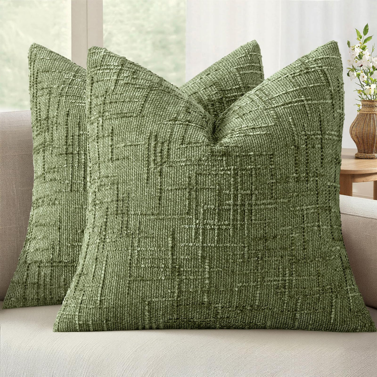 MIULEE Chenille Textured Throw Pillow Covers Cream White 20x20 Set of 2
