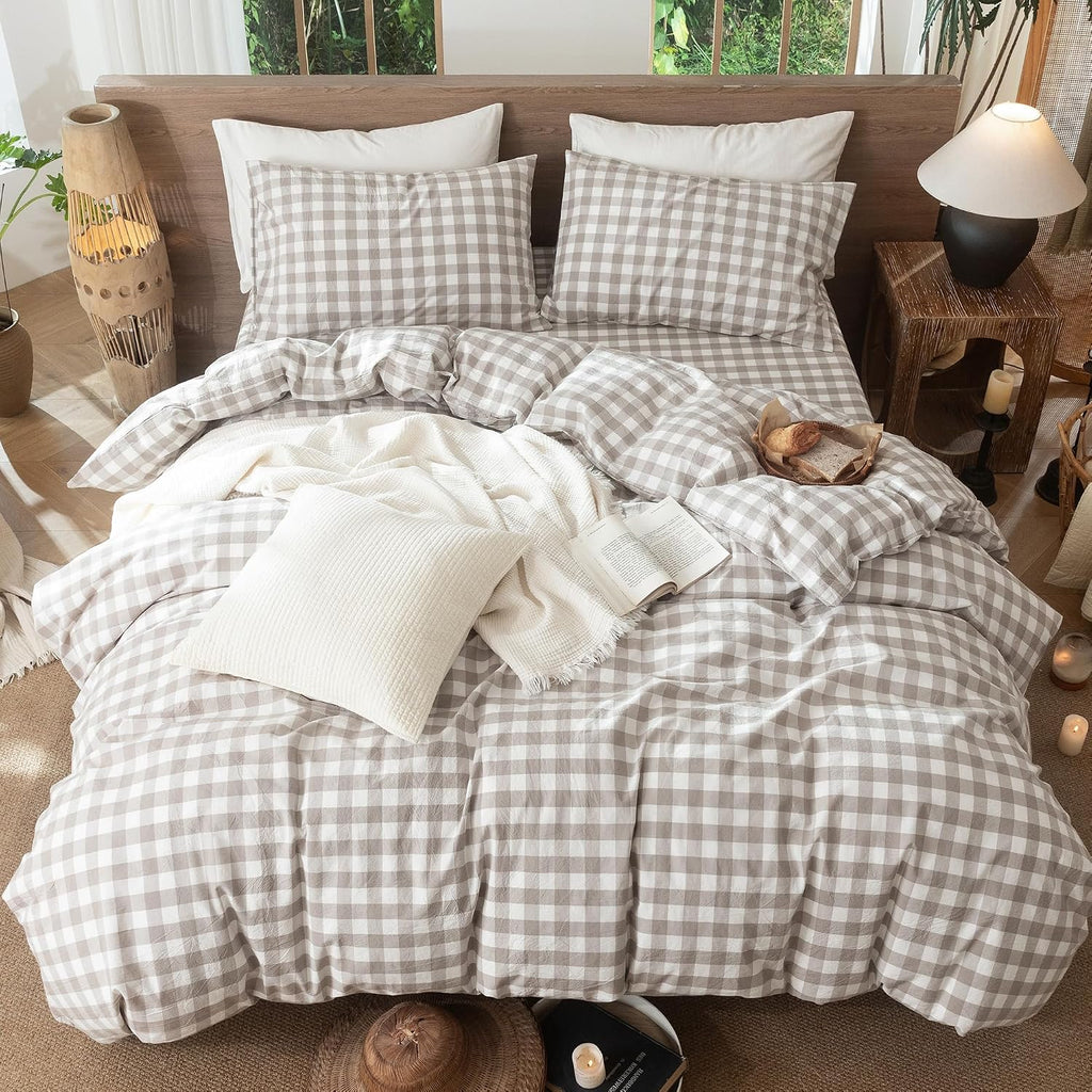 MooMee Gingham Duvet Cover Set 100% Washed Cotton Linen Like King