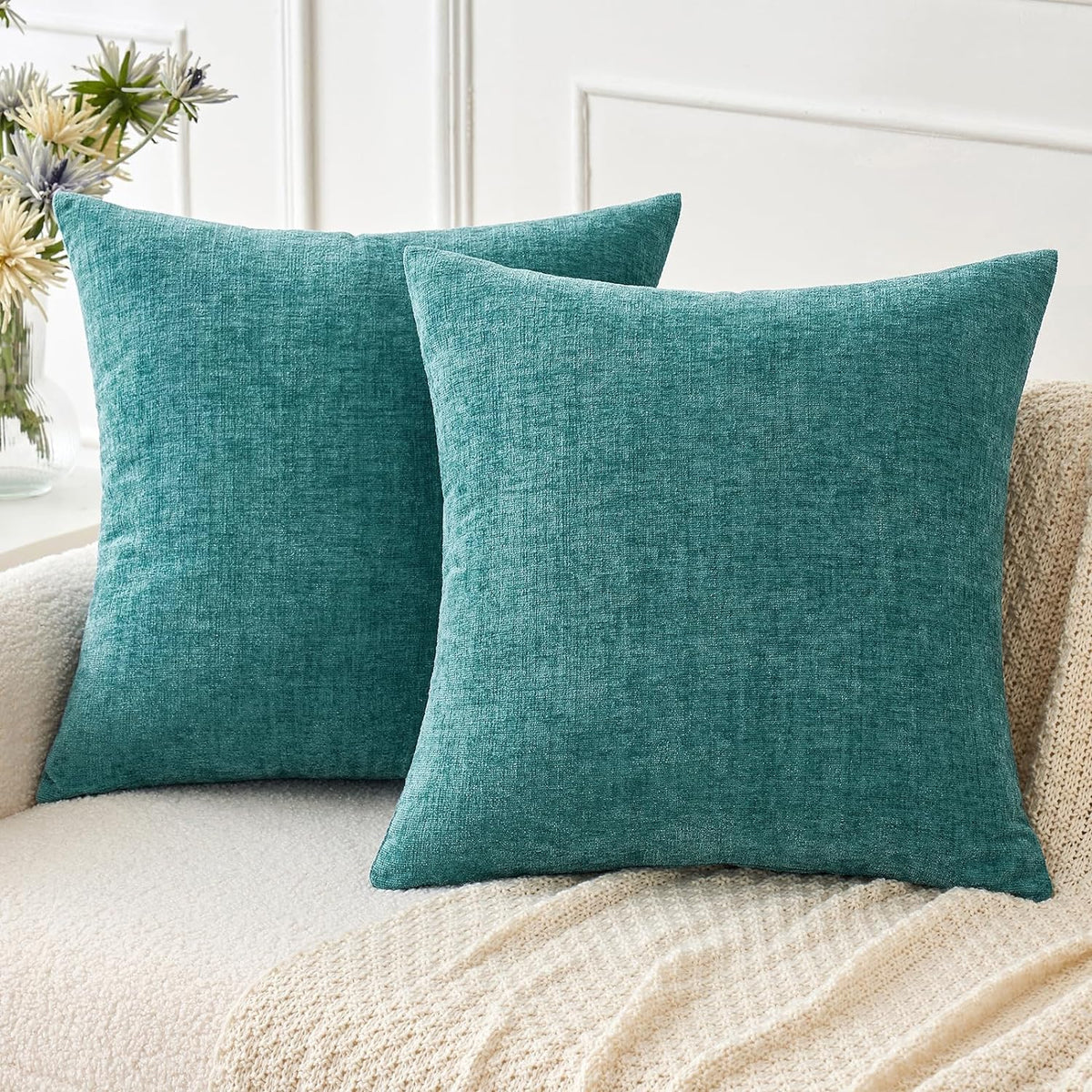 MIULEE Soft Chenille Throw Pillow Covers Teal 18x18 Inch Pack of 2