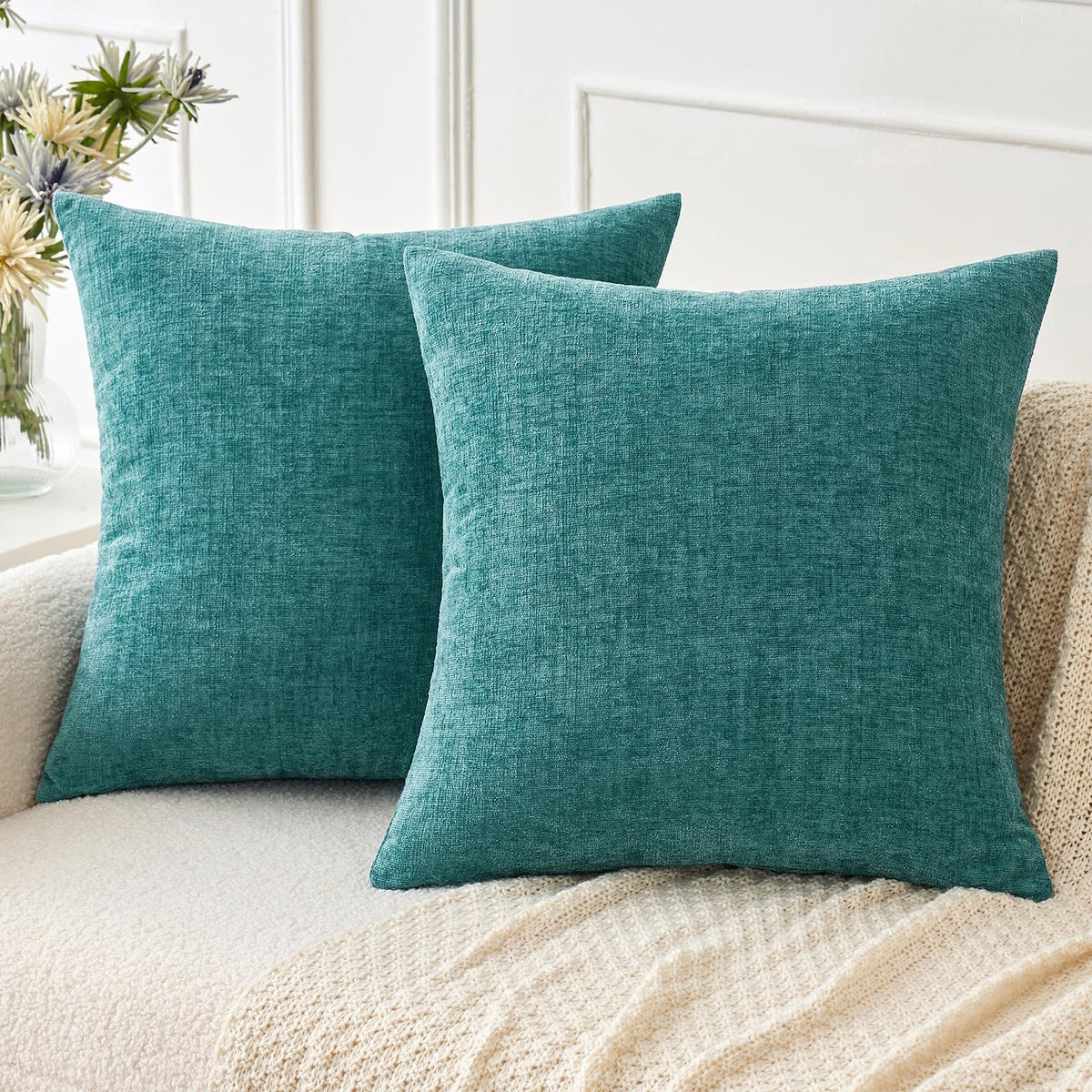 MIULEE Soft Chenille Throw Pillow Covers Teal 18x18 Inch Pack of 2