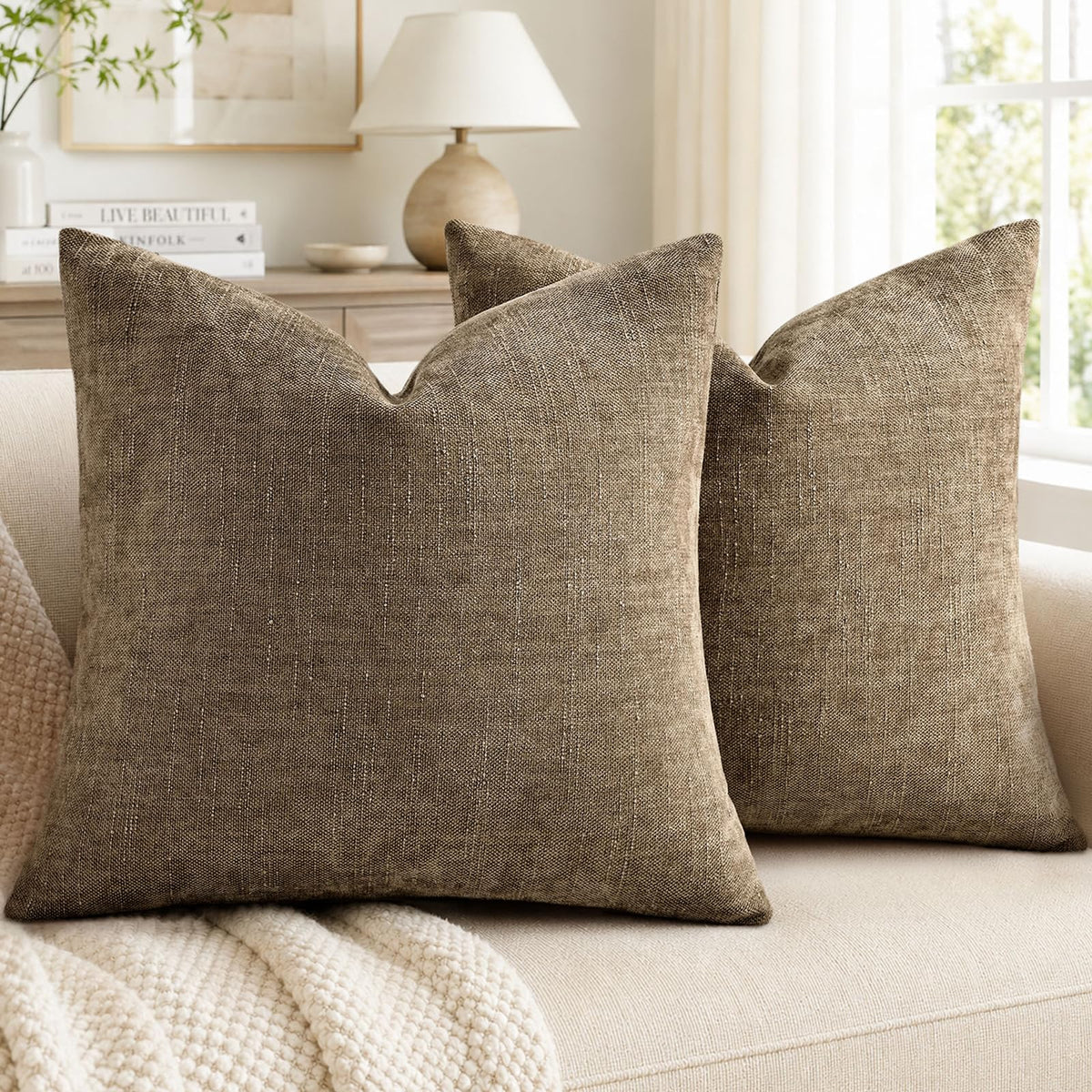 decorUhome Chenille Decorative Throw Pillow Covers 18x18 Set of 2, Brown