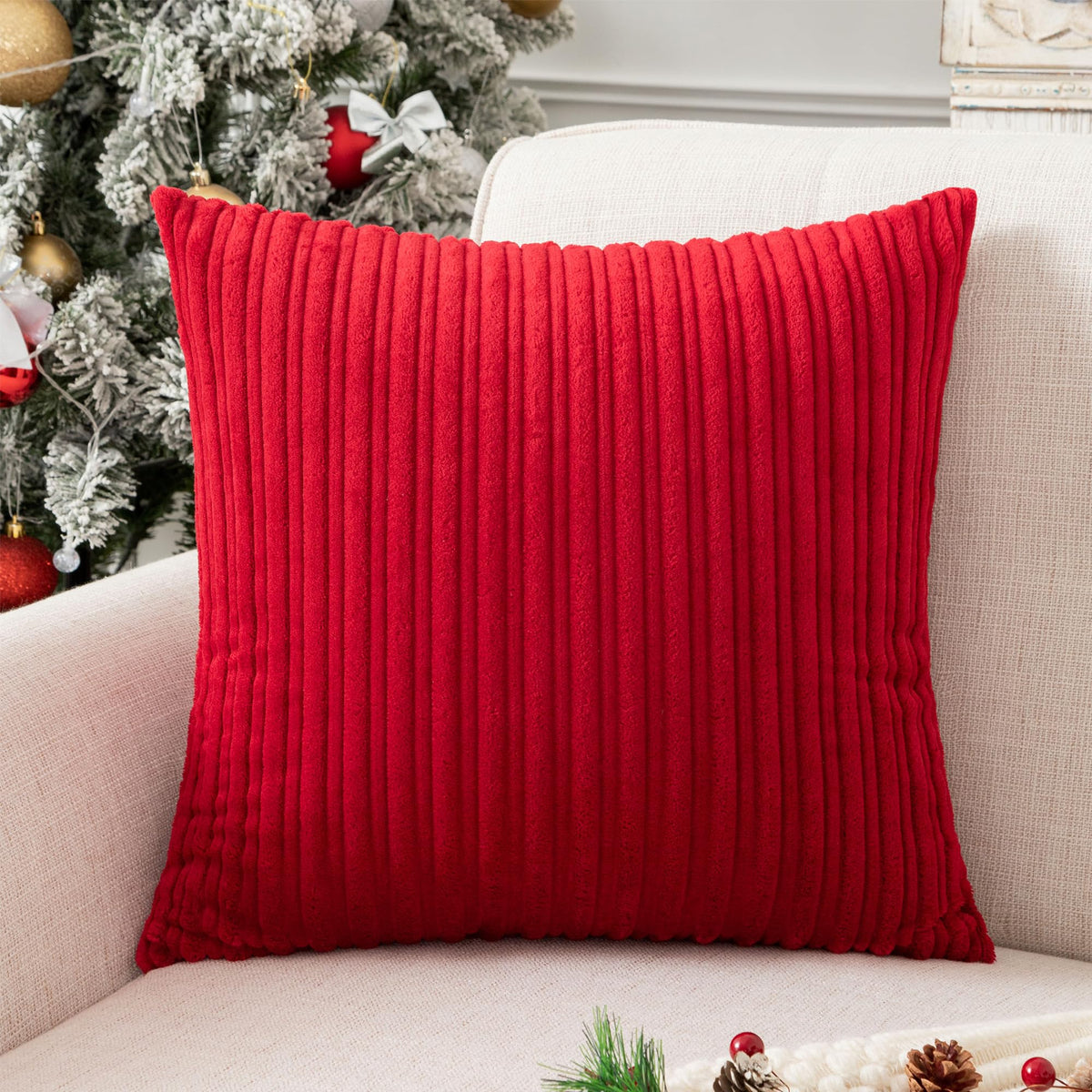 UGASA Velvet 12x20 Inch Lumbar Soft Throw Pillow Cover Boho Farmhouse Decorative Corduroy Striped Both Sides Solid Rectangular Cushion Case for Couch Bedroom Sofa Home, 1 Piece, Beige