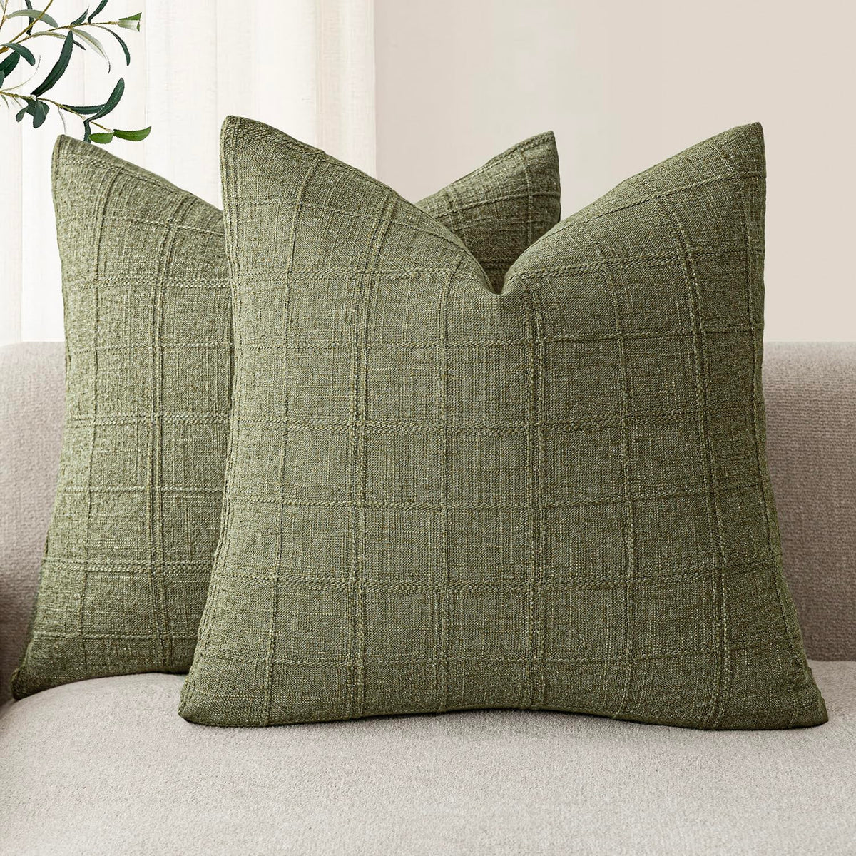 Foindtower Boho Linen Check Decorative Throw Pillow Cover 18×18 Olive Green
