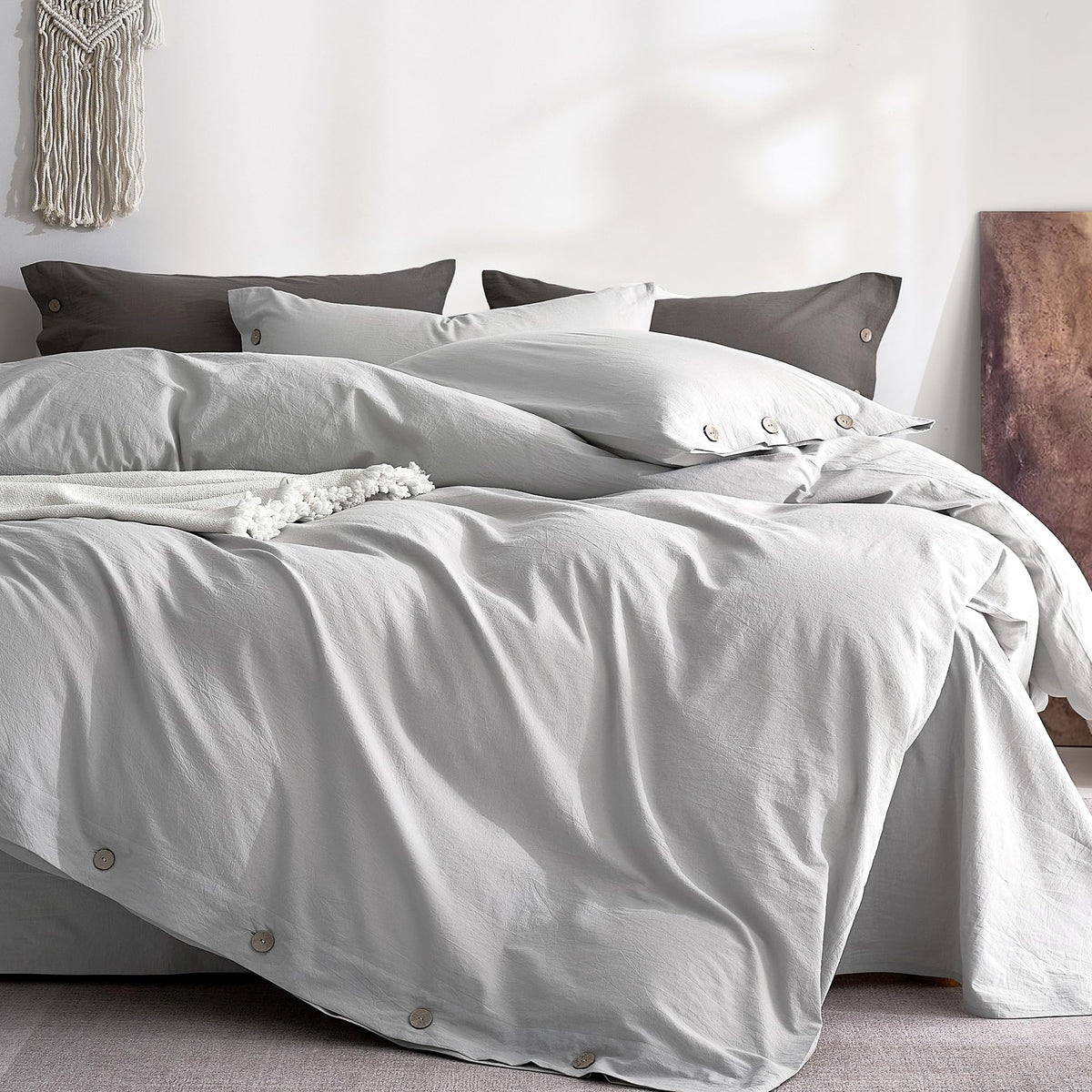 JELLYMONI 100% Washed Cotton Striped Duvet Cover Set King, Linen-Like