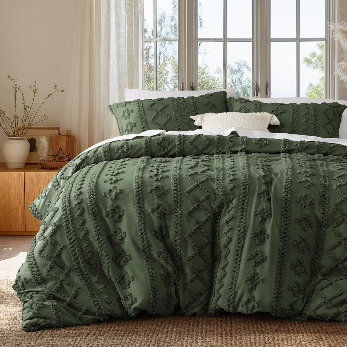 Bedsure Boho Duvet Cover Queen, Tufted Embroidery, 3-Piece, Beige