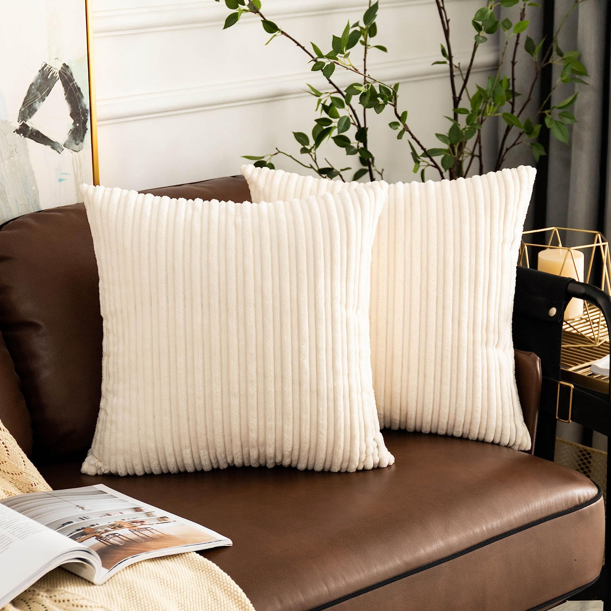 UGASA Velvet 12x20 Inch Lumbar Soft Throw Pillow Cover Boho Farmhouse Decorative Corduroy Striped Both Sides Solid Rectangular Cushion Case for Couch Bedroom Sofa Home, 1 Piece, Beige