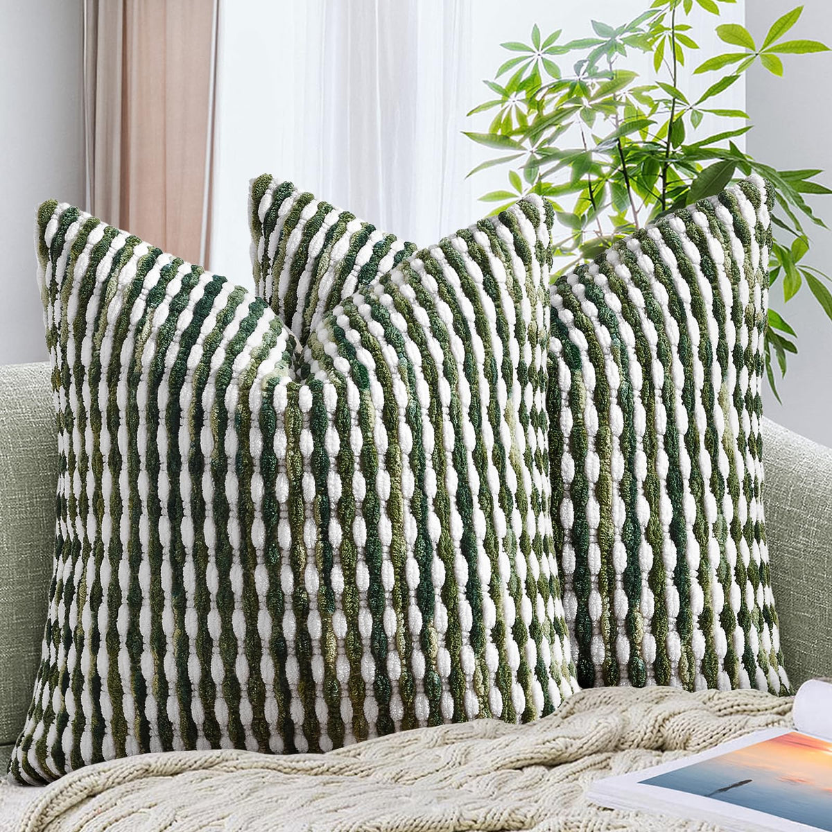 AmHoo Set of 2 Boho Chenille Pillow Cover,18 x 18-Inch Brown