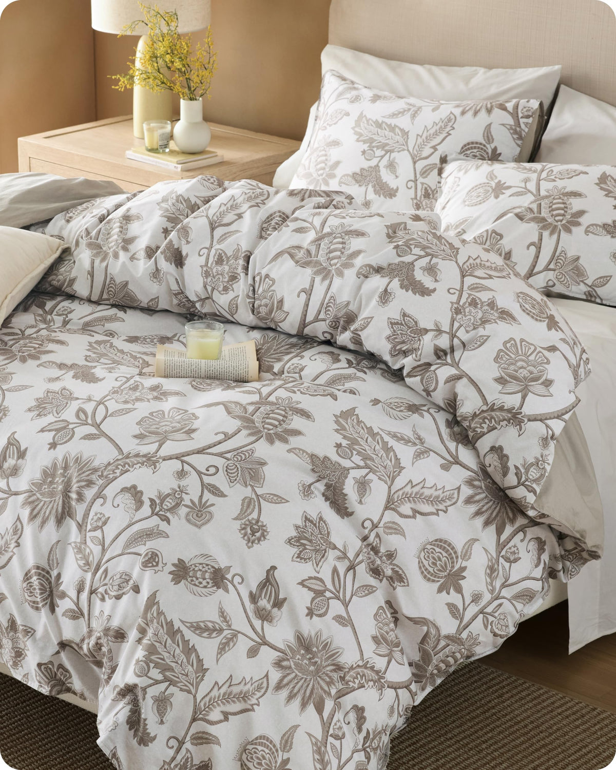 Bedsure PureWoven 100% Cotton Floral Duvet Cover Set, Queen, Green Garden