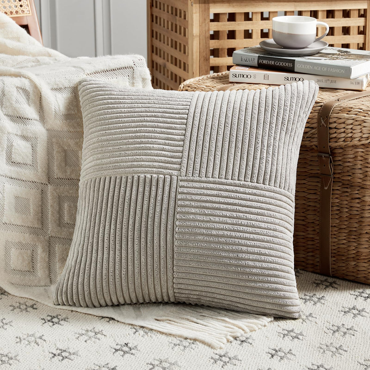 Fancy Homi Blush Pink Lumbar Decorative Throw Pillow Covers 12x20 Inch for Living Room Couch Bed, Rustic Farmhouse Boho Home Decor, Soft Striped Corduroy Rectangle Accent Cushion Case 30x50 cm