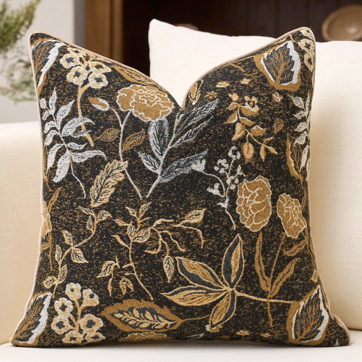 Green Floral Textured Throw Pillow Cover 18x18 Fall Vintage Rust Pillow Cover Farmhouse Summer Leaf Cushion Cover Chenille Neutral Flower Pillowcase Home Decor for Sofa Living Room Bedding