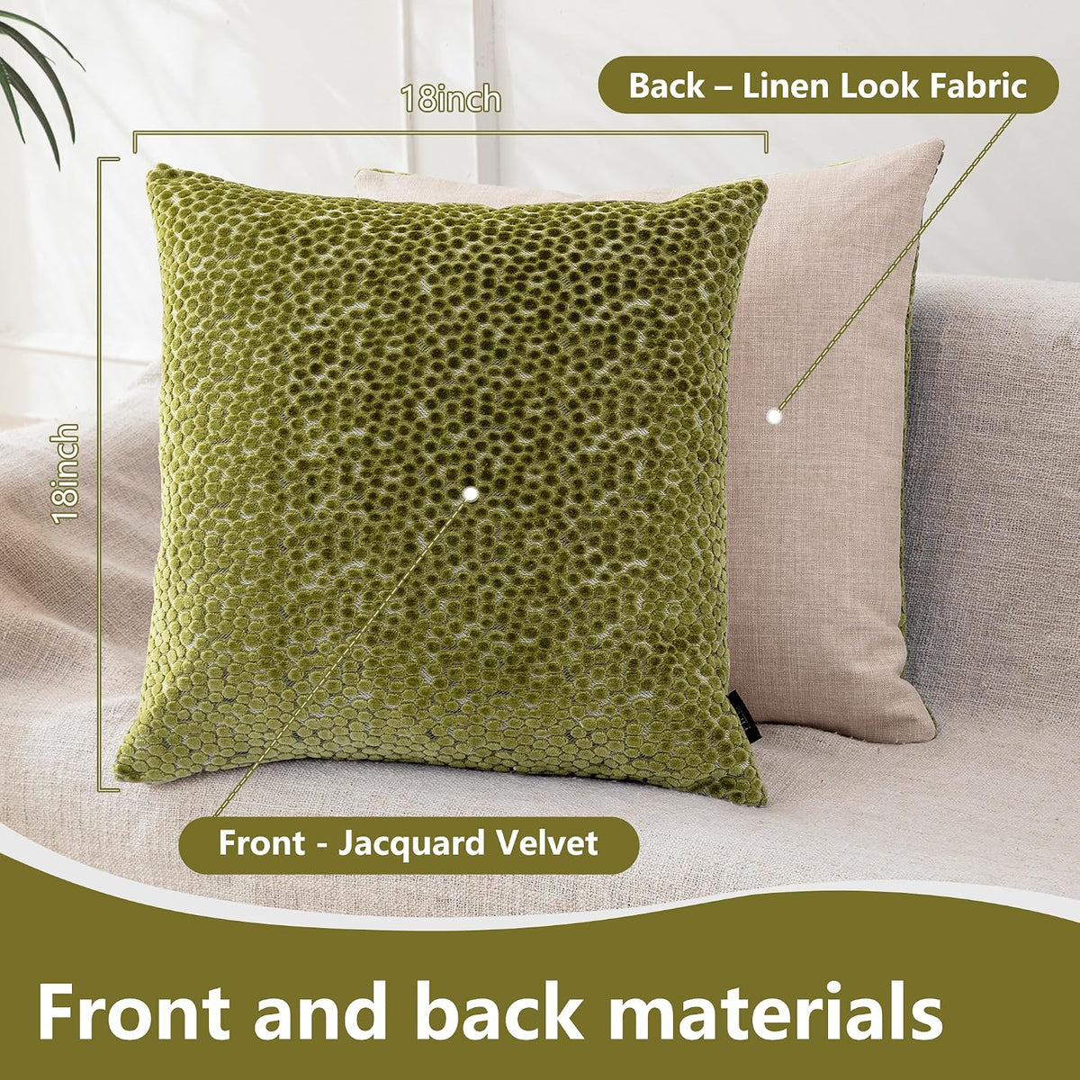 FIFU 18x18 Inch Throw Pillow Covers Set of 2, Jacquard Velvet, Olive Green