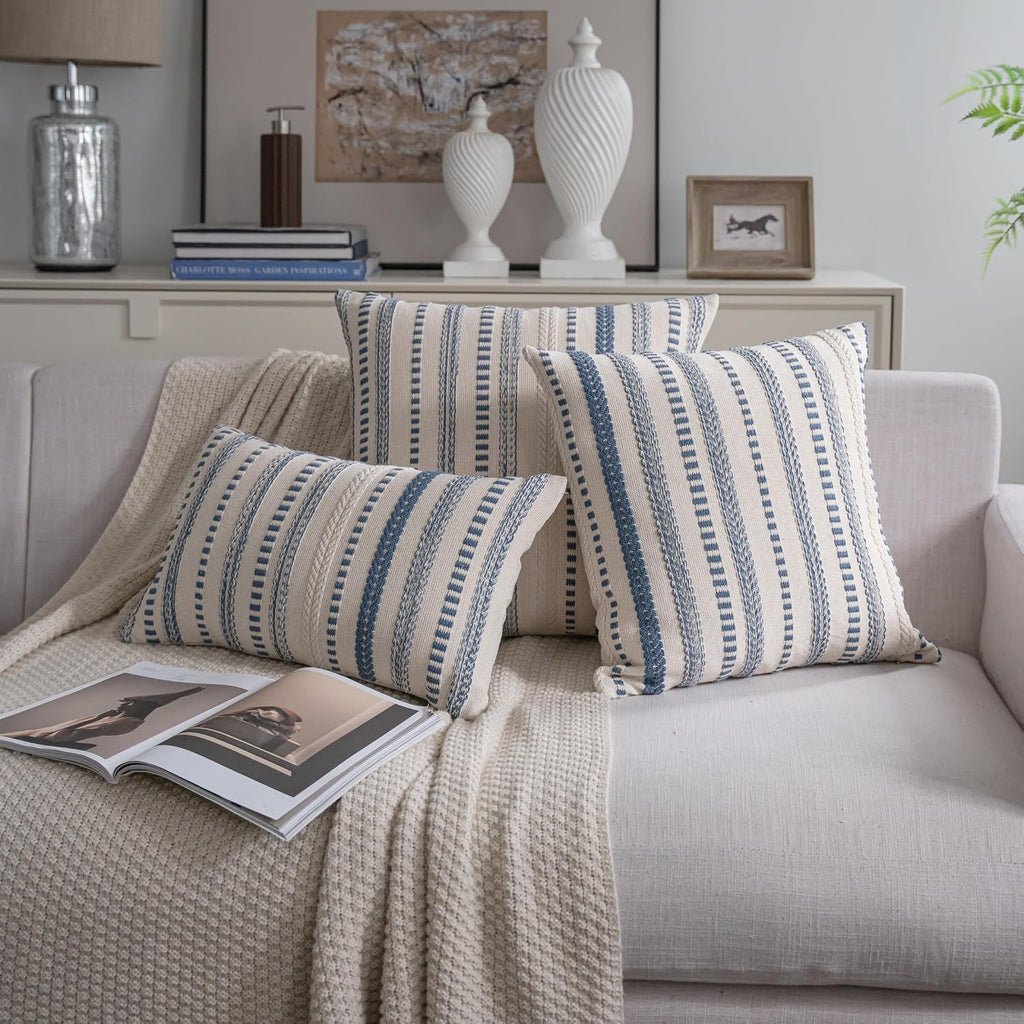 Cethom Blue and Beign Boho Throw Pillow Covers 18x18 Inch Set of 2, Stripe Textured Decorative Couch Pillow Cases for Bed, Sofa, Living Room, Bedroom, Farmhouse Home Accent Cushion Covers