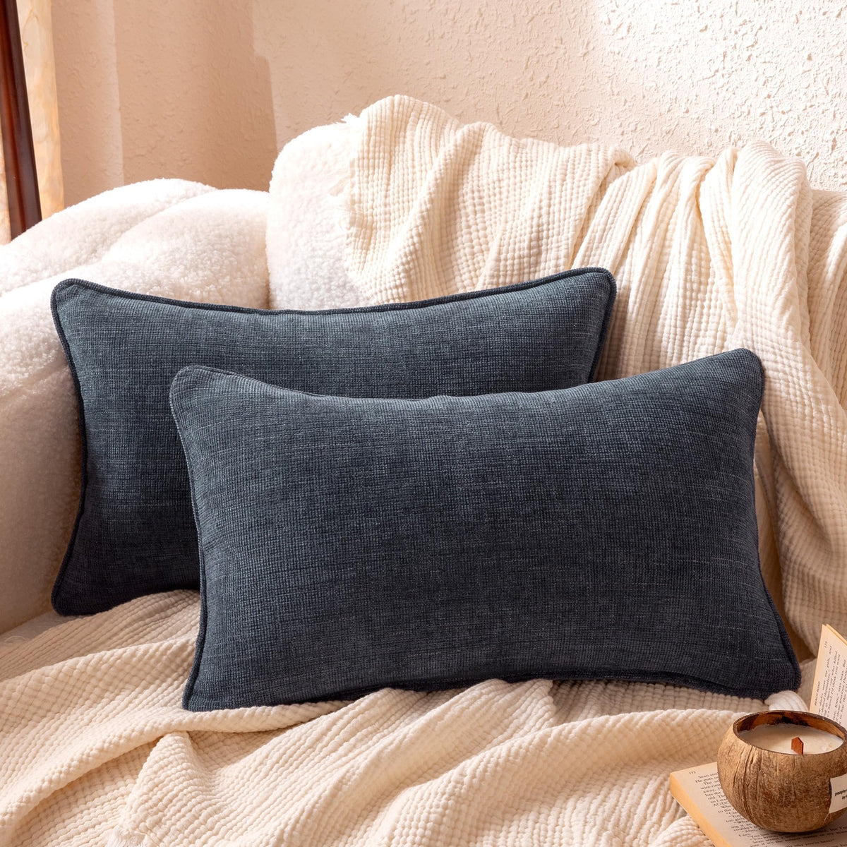 Amazon Basics Faux Linen Throw Pillow Covers with Hidden Zipper Closure, 18 × 18in, White, Pack of 2
