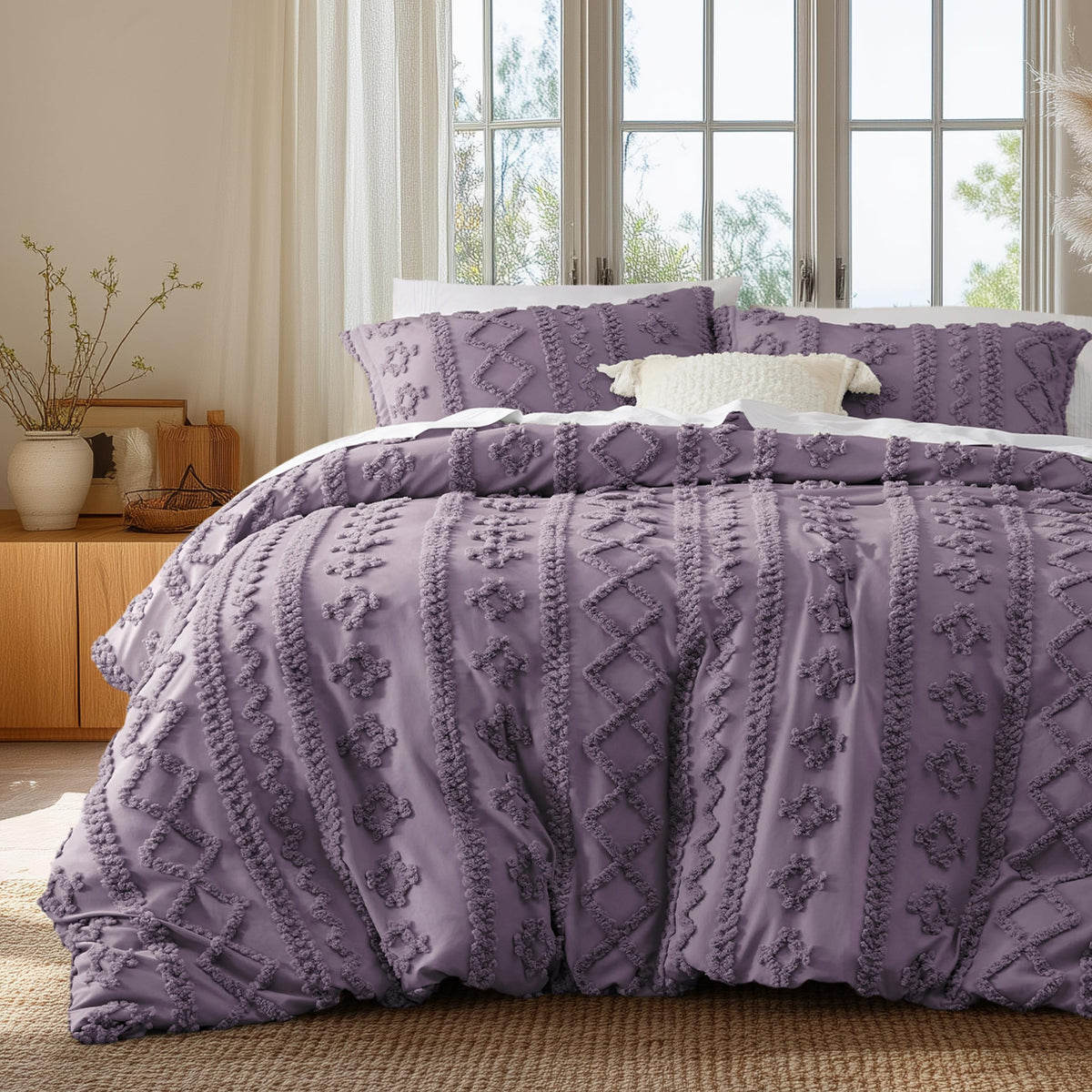 Bedsure Boho Duvet Cover Queen, Tufted Embroidery, 3-Piece, Beige