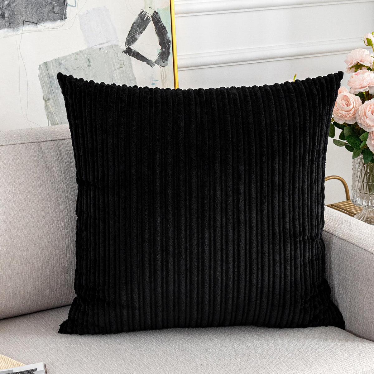 UGASA Velvet 12x20 Inch Lumbar Soft Throw Pillow Cover Boho Farmhouse Decorative Corduroy Striped Both Sides Solid Rectangular Cushion Case for Couch Bedroom Sofa Home, 1 Piece, Beige