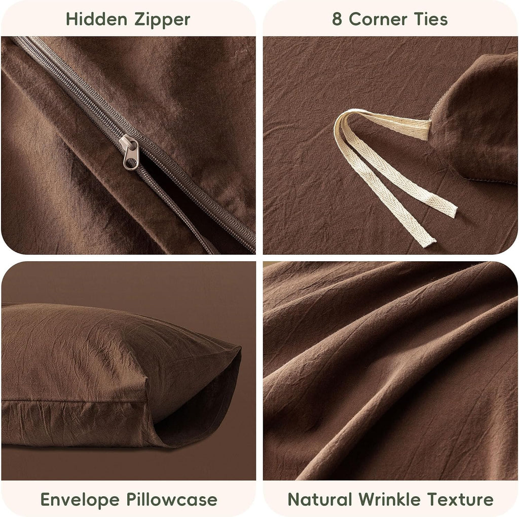 JIYUAN Queen Washed Cotton Duvet Cover Set, 3-Piece, Relaxed Linen Feel