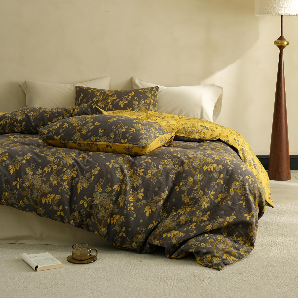 Simple&Opulence Muslin Duvet Cover Set Queen Size, 100% Washed Cotton 3 Pieces Yarn-Dyed Vintage Purple Floral Jacquard Textured Bedding, Soft & Breathable Gauze Comforter Cover with Zipper Closure