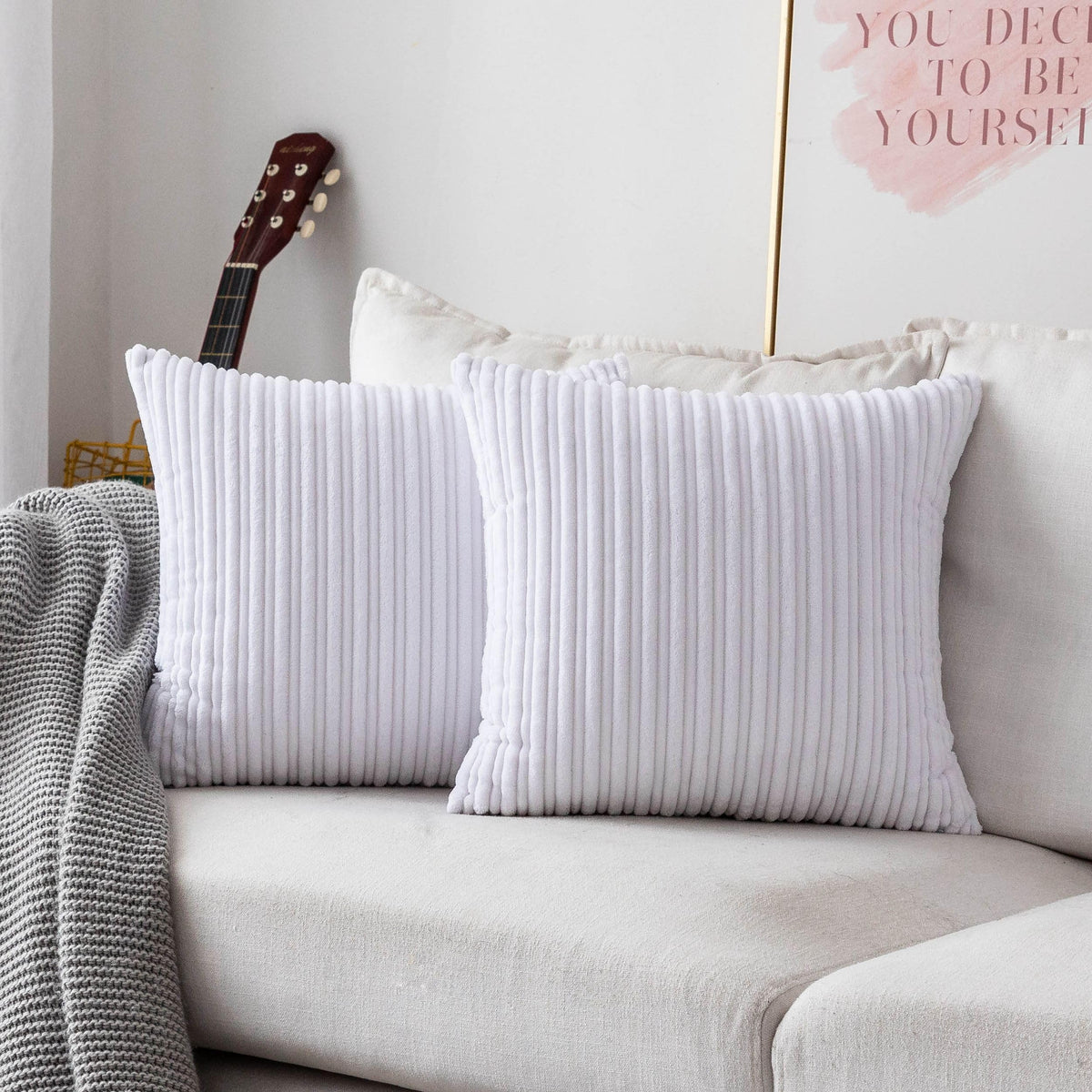 UGASA Velvet 12x20 Inch Lumbar Soft Throw Pillow Cover Boho Farmhouse Decorative Corduroy Striped Both Sides Solid Rectangular Cushion Case for Couch Bedroom Sofa Home, 1 Piece, Beige