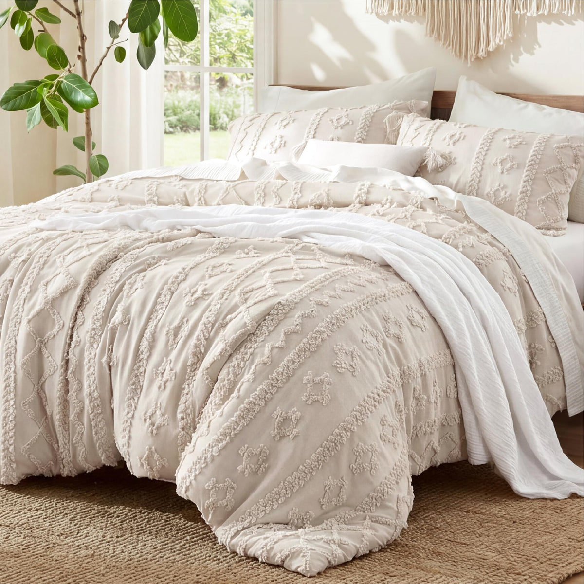 Bedsure Tufted Boho Comforter Set Queen, Bedroom Decor Bedding Set Beige