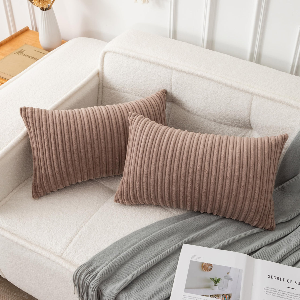 UGASA Velvet 12x20 Inch Lumbar Soft Throw Pillow Cover Boho Farmhouse Decorative Corduroy Striped Both Sides Solid Rectangular Cushion Case for Couch Bedroom Sofa Home, 1 Piece, Beige