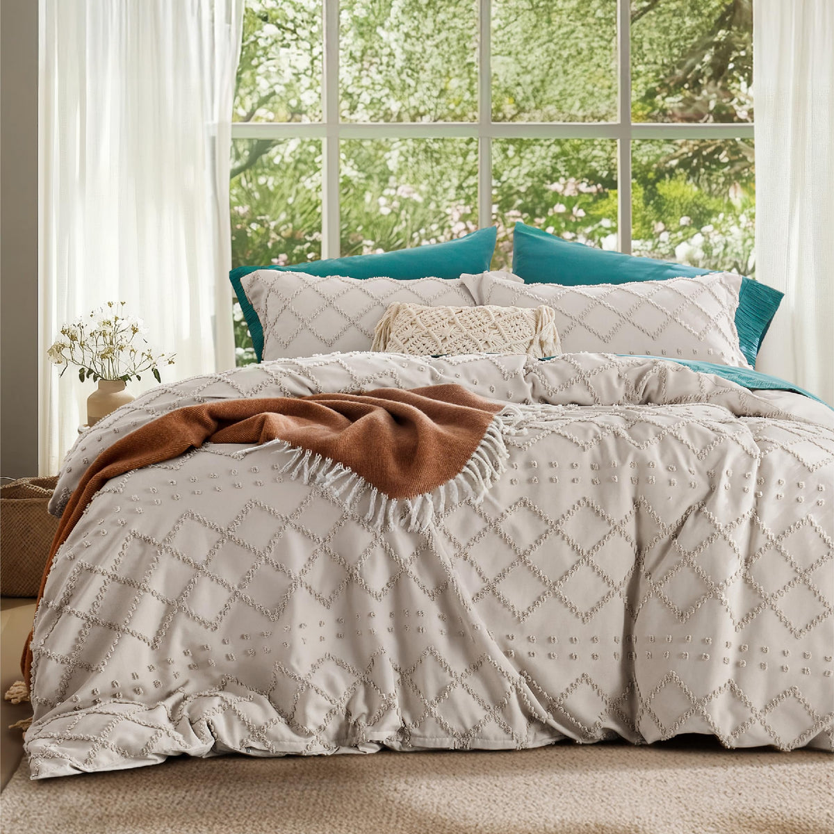Bedsure White Boho Duvet Cover Queen, Soft Vintage Embroidery