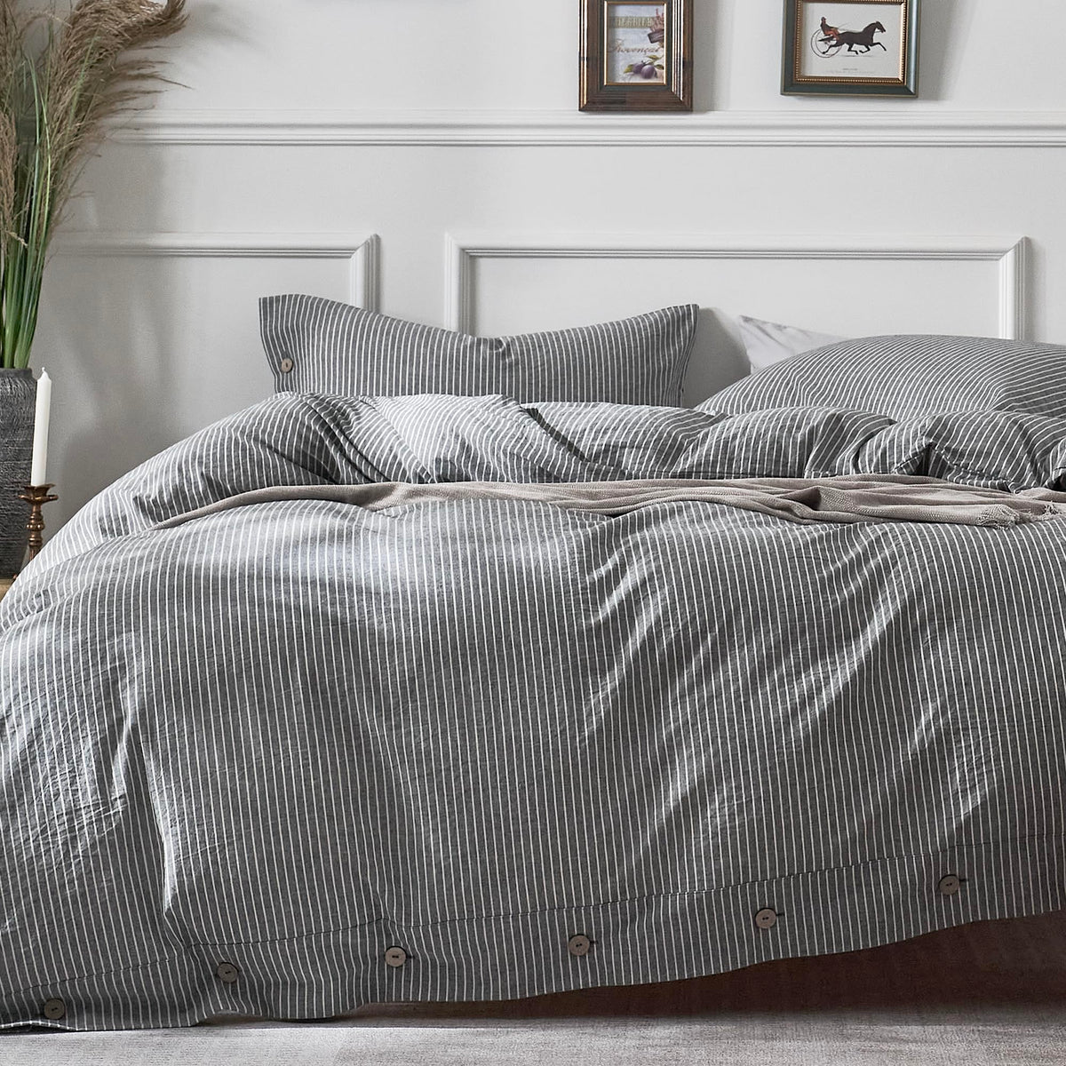 JELLYMONI 100% Washed Cotton Striped Duvet Cover Set King, Linen-Like