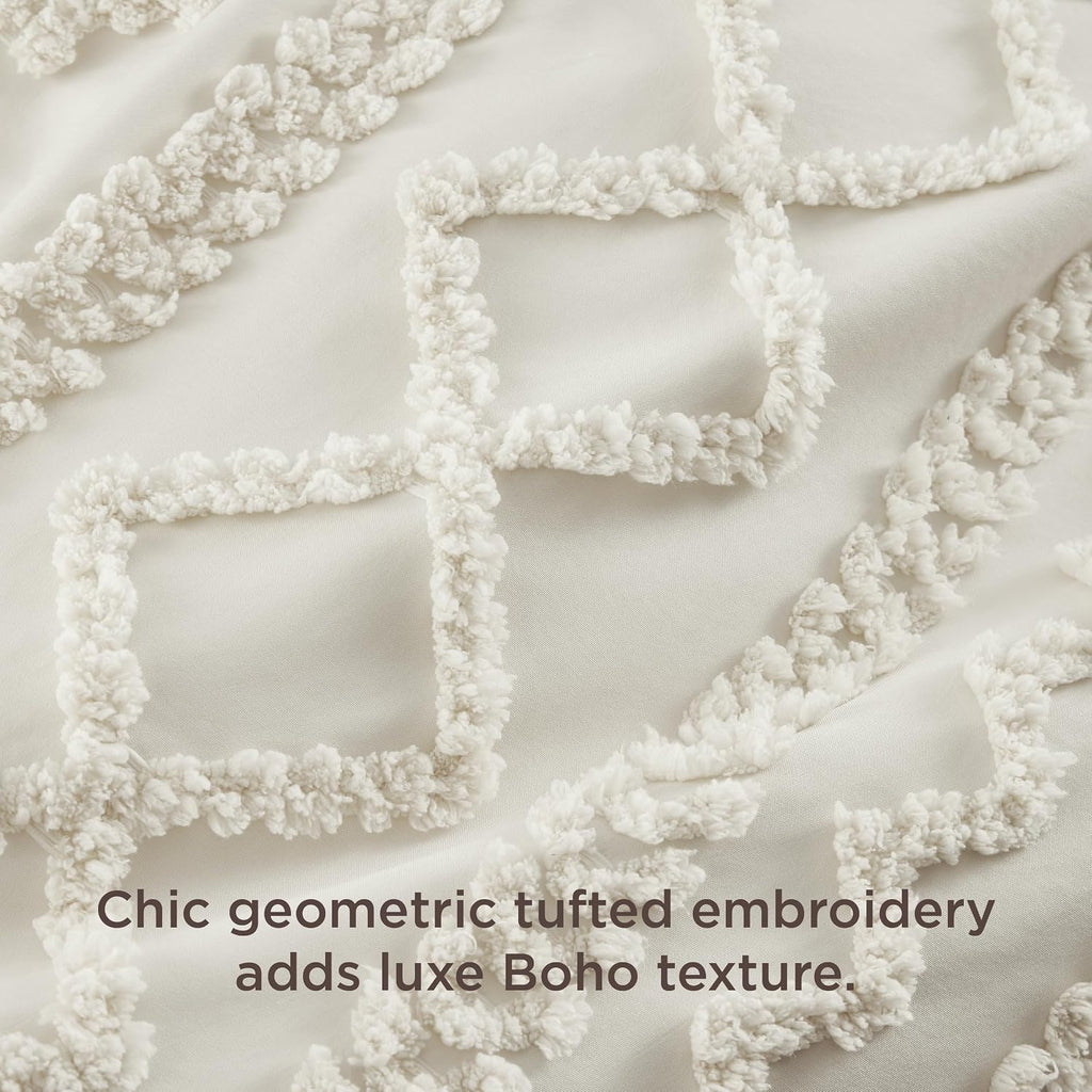 Bedsure Boho Duvet Cover Queen, Tufted Embroidery, 3-Piece, Beige