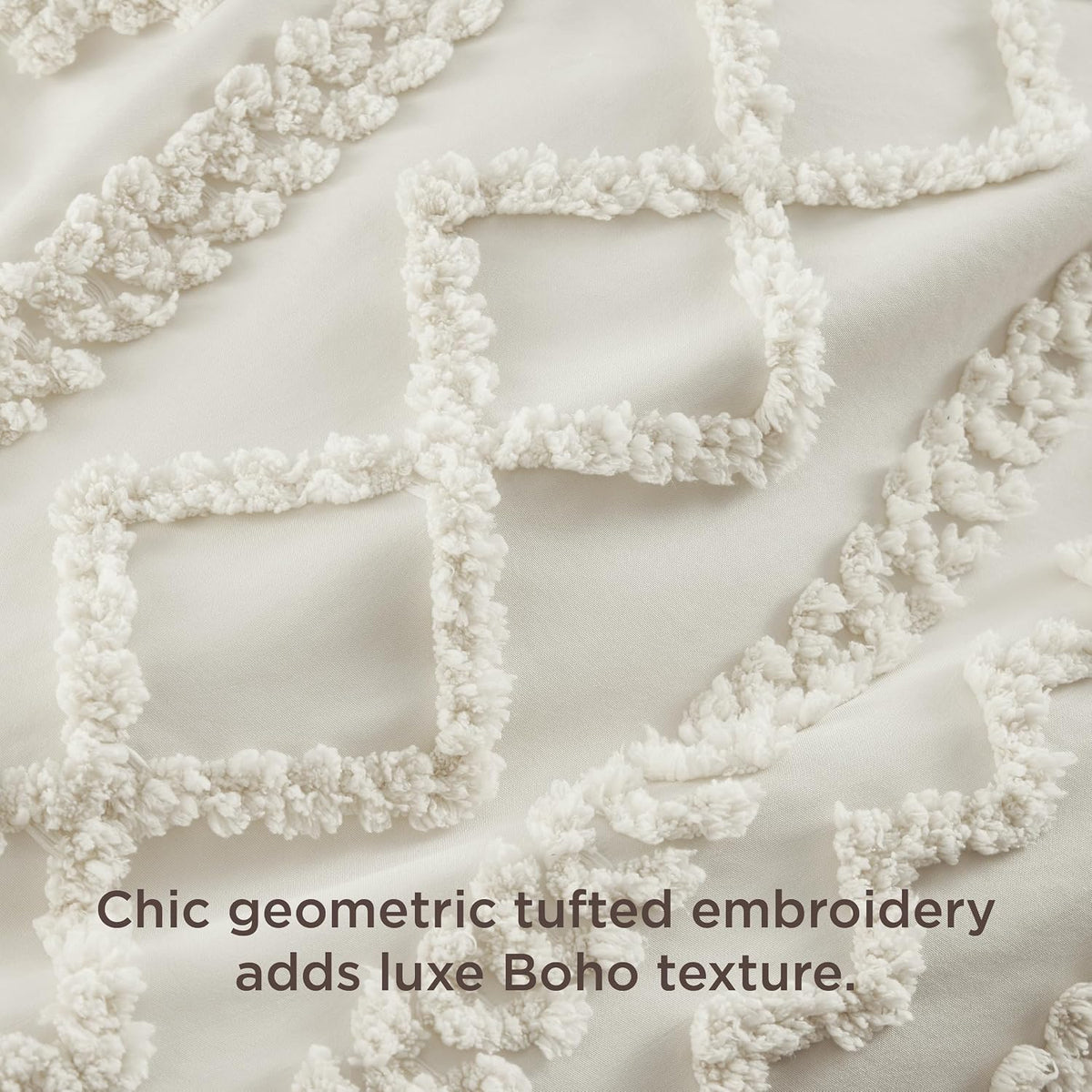 Bedsure Boho Duvet Cover Queen, Tufted Embroidery, 3-Piece, Beige