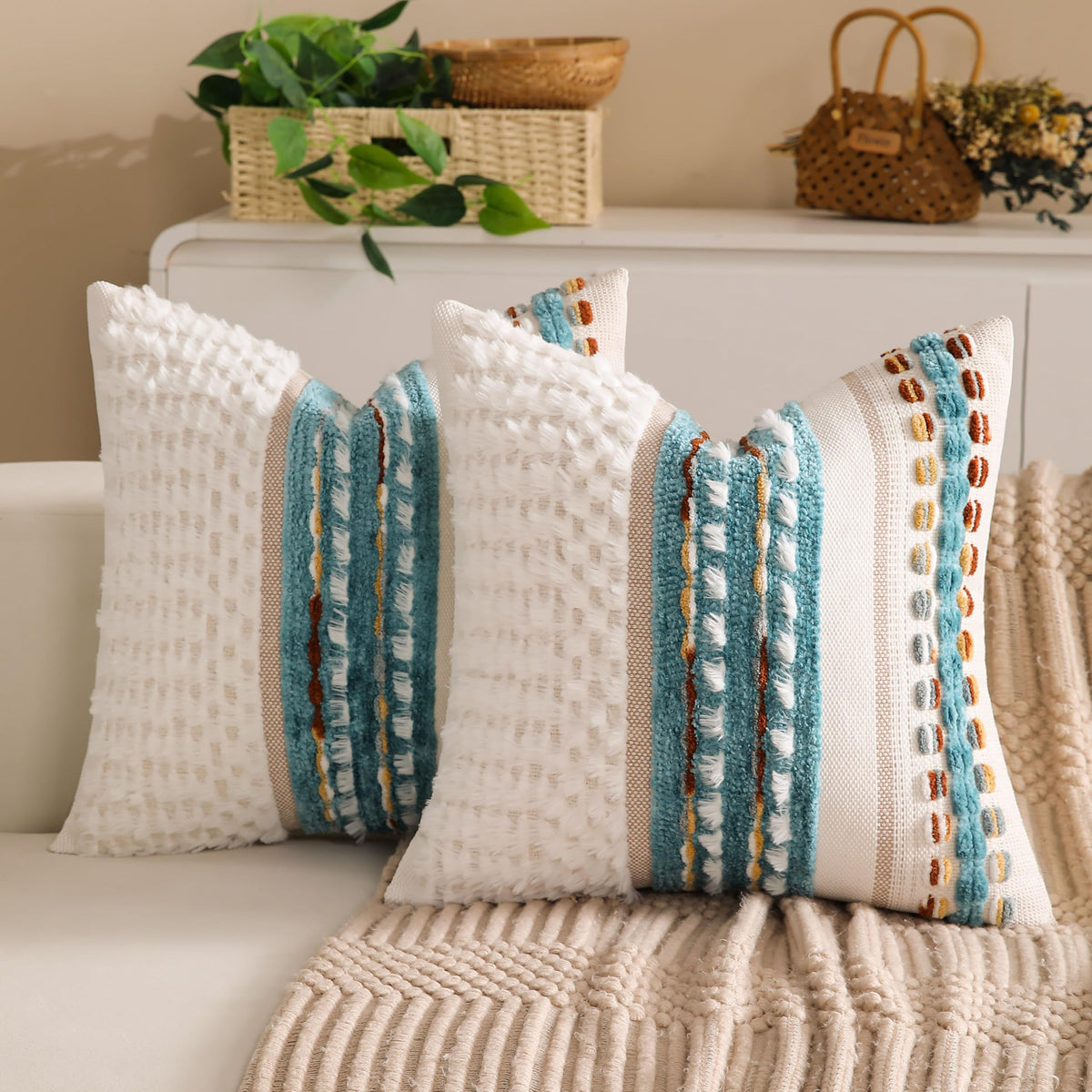 Boho Chenille Tufted Couch Throw Pillow Covers 18x18 Inch Set of 2 Farmhouse Striped Decorative Pillow Covers Accent Neutral Pillowcase Teal Cushion Cover for Living Room Sofa Bed