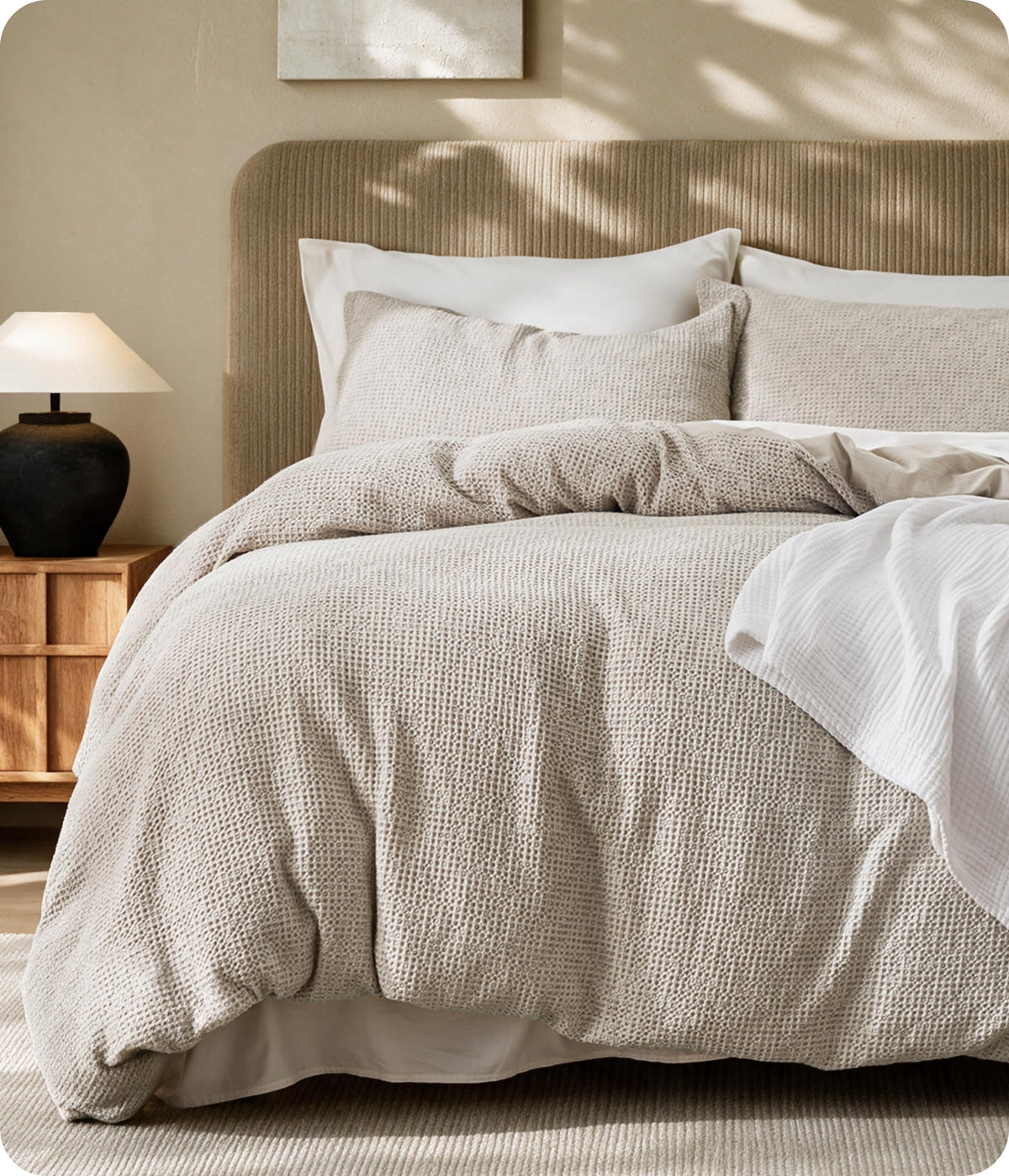 Bedsure PureWoven 3 Pieces 100% Cotton Waffle Duvet Cover Set, King, Linen