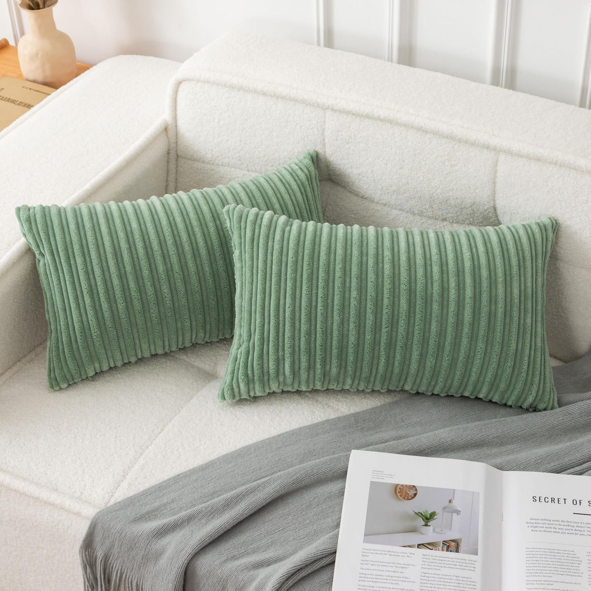 UGASA Velvet 12x20 Inch Lumbar Soft Throw Pillow Cover Boho Farmhouse Decorative Corduroy Striped Both Sides Solid Rectangular Cushion Case for Couch Bedroom Sofa Home, 1 Piece, Beige