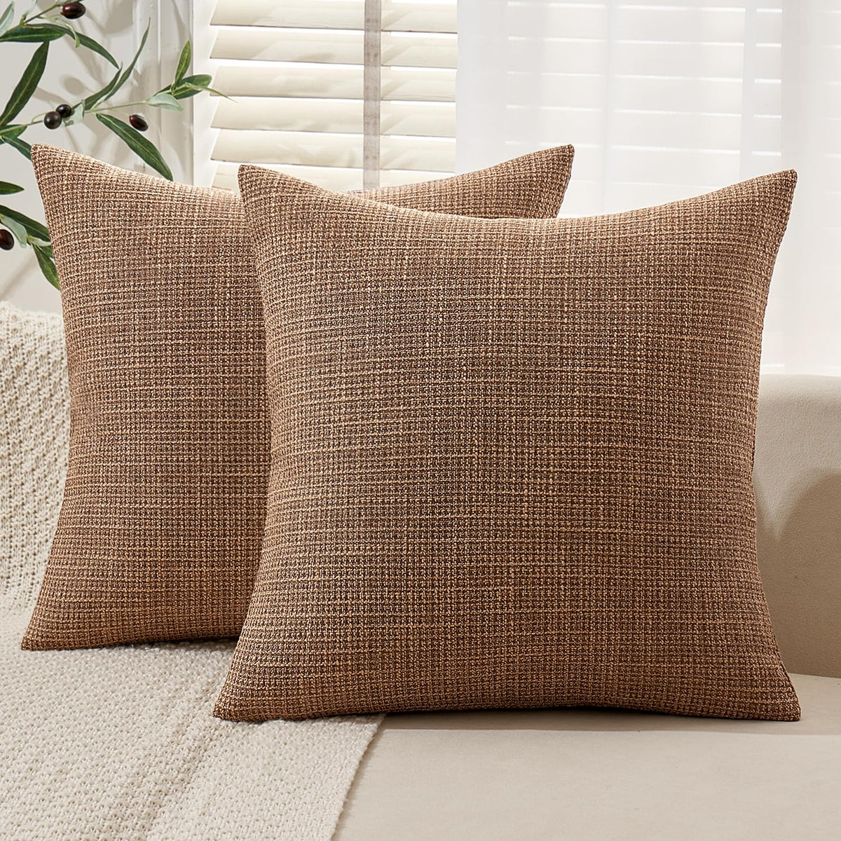 MIULEE Burlap Linen Throw Pillow Covers 18x18 Inch Set of 2 Light Blue