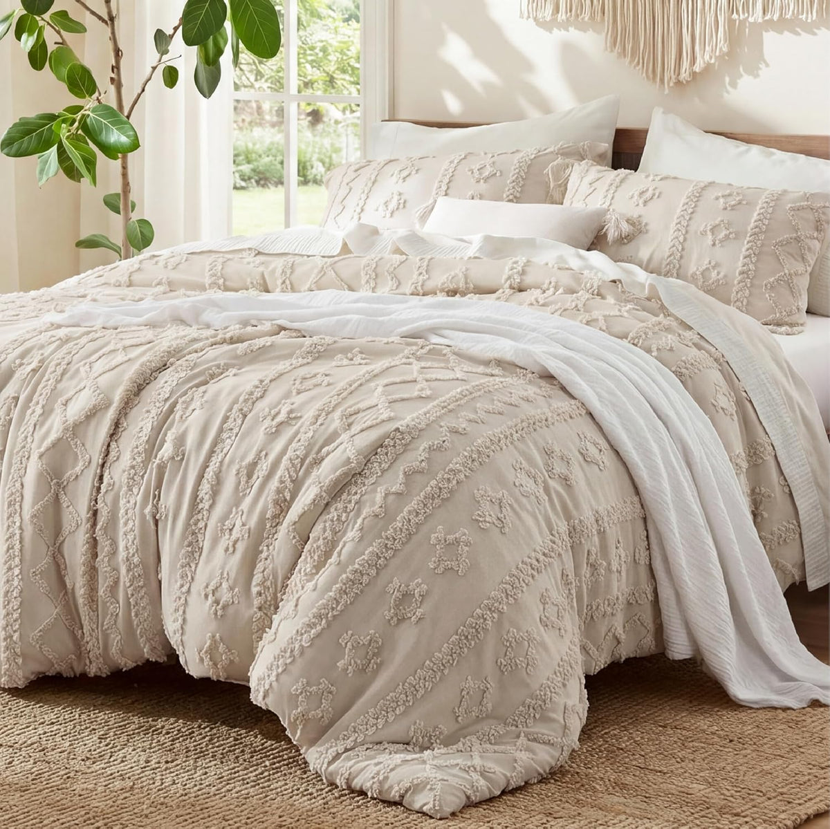 Bedsure Tufted Boho Comforter Set Queen, Bedroom Decor Bedding Set Beige
