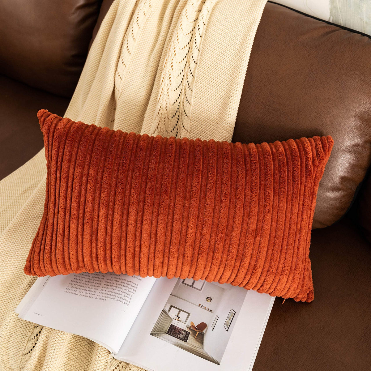 UGASA Velvet 12x20 Inch Lumbar Soft Throw Pillow Cover Boho Farmhouse Decorative Corduroy Striped Both Sides Solid Rectangular Cushion Case for Couch Bedroom Sofa Home, 1 Piece, Beige
