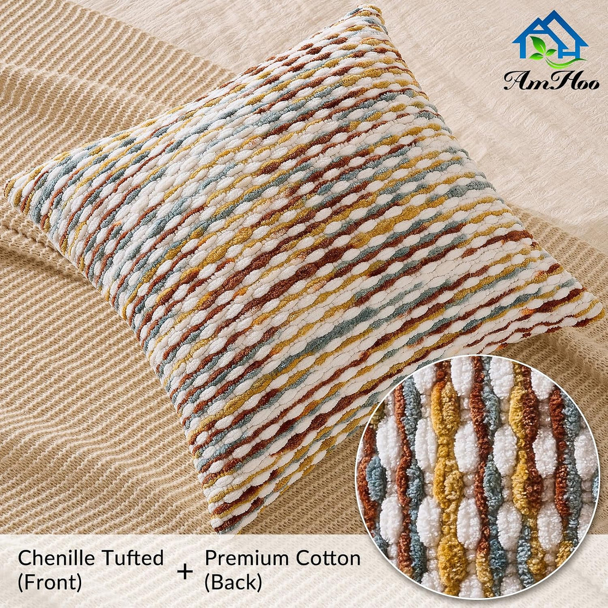 AmHoo Set of 2 Boho Chenille Pillow Cover,18 x 18-Inch Brown