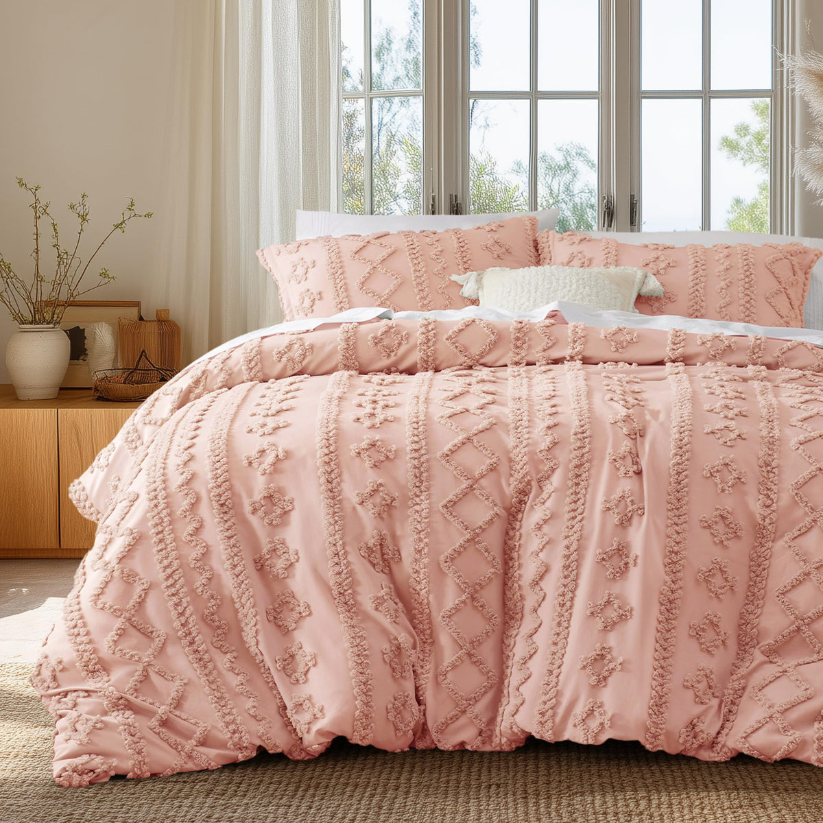 Bedsure Boho Duvet Cover Queen, Tufted Embroidery, 3-Piece, Beige