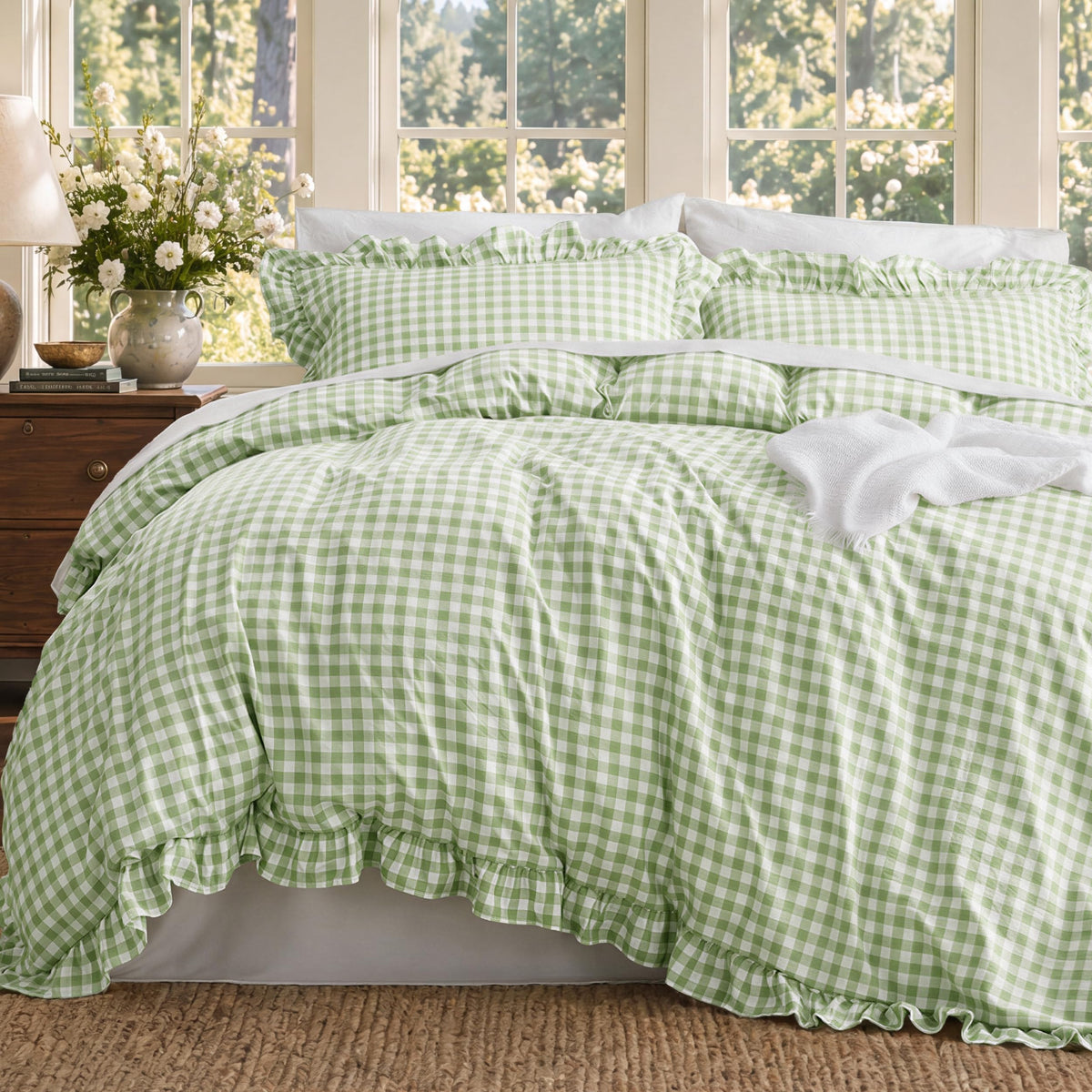 Bedsure Gingham Ruffle Duvet Cover Set, Queen, Cotton-Like Bed, Olive Green
