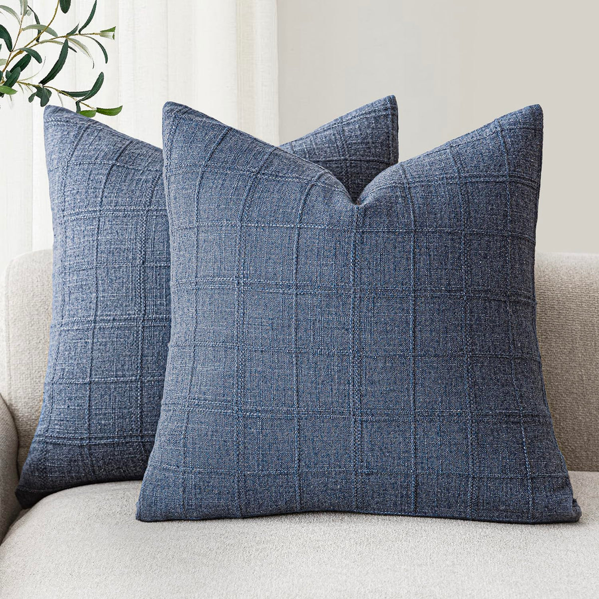 Foindtower Boho Linen Check Decorative Throw Pillow Cover 18×18 Olive Green