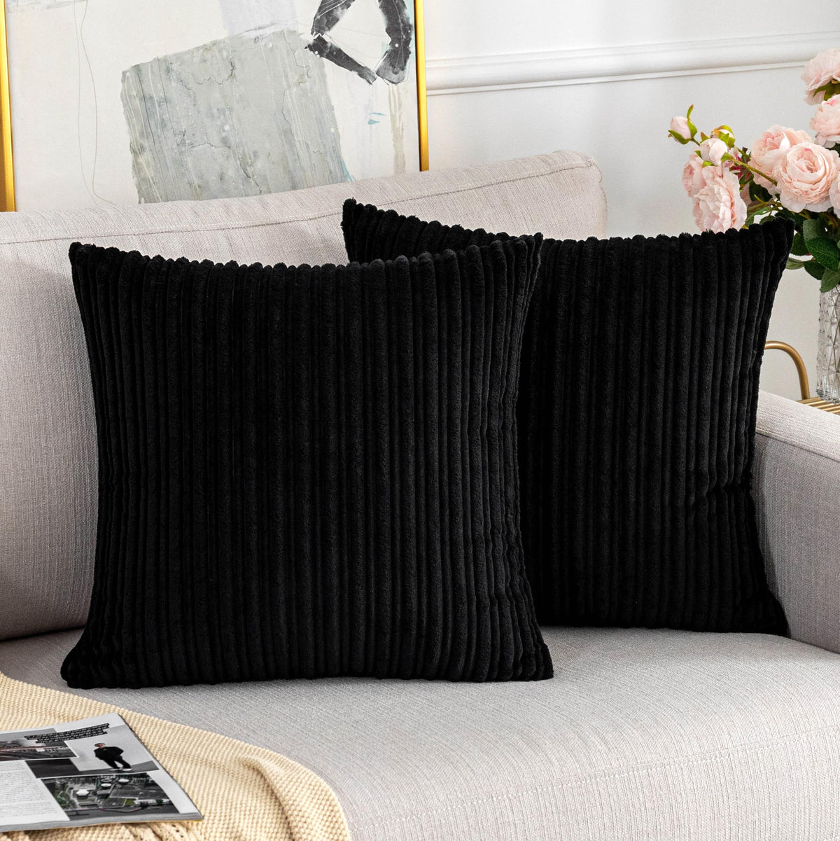 UGASA Velvet 12x20 Inch Lumbar Soft Throw Pillow Cover Boho Farmhouse Decorative Corduroy Striped Both Sides Solid Rectangular Cushion Case for Couch Bedroom Sofa Home, 1 Piece, Beige