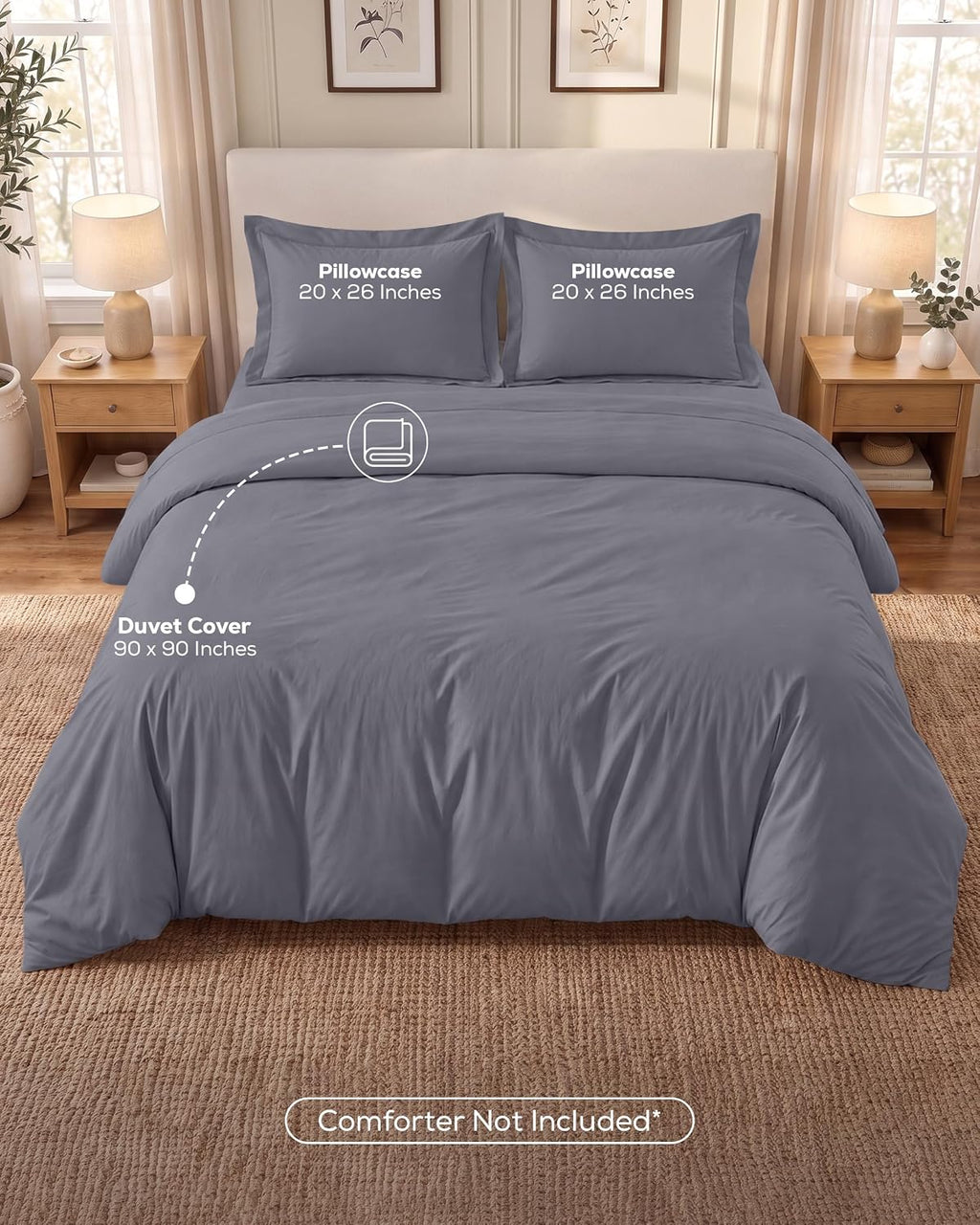 Duvet Cover Queen, 3 Piece Cotton Like Polyester with Zipper Closure, Grey