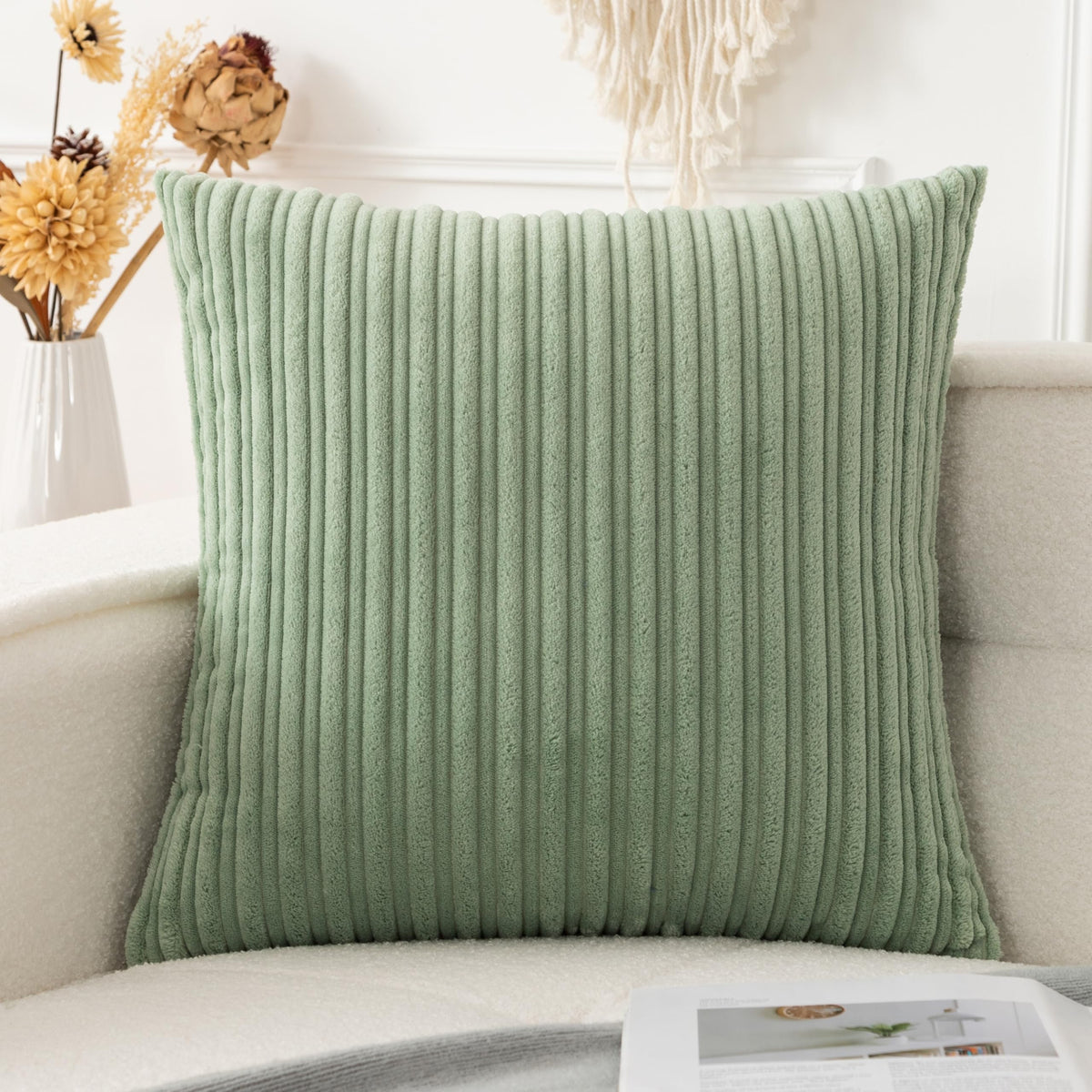 UGASA Velvet 12x20 Inch Lumbar Soft Throw Pillow Cover Boho Farmhouse Decorative Corduroy Striped Both Sides Solid Rectangular Cushion Case for Couch Bedroom Sofa Home, 1 Piece, Beige