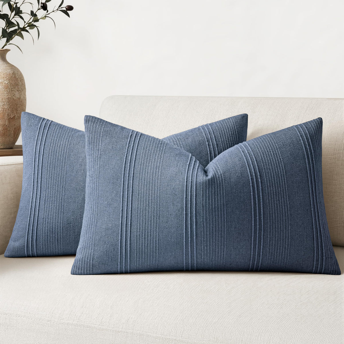MIULEE Decorative Striped Throw Pillow Covers 18x18 in Natural Beige 2 Pack
