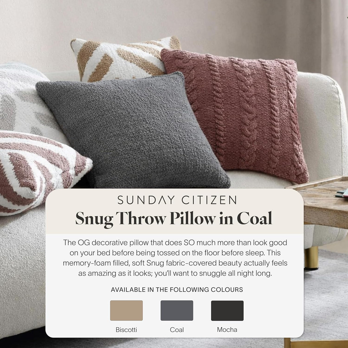 Sunday Citizen Snug Throw Pillow – Soft Memory Foam Decorative Pillow, Plush Snug Fabric Cover, Cozy Sofa & Bed Pillow, Washable Cover, Luxury Throw Pillow (Coal)